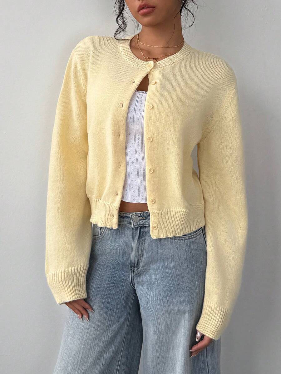Adeline | Round Neck Button Front Cardigan, Cropped Everyday Knit 9