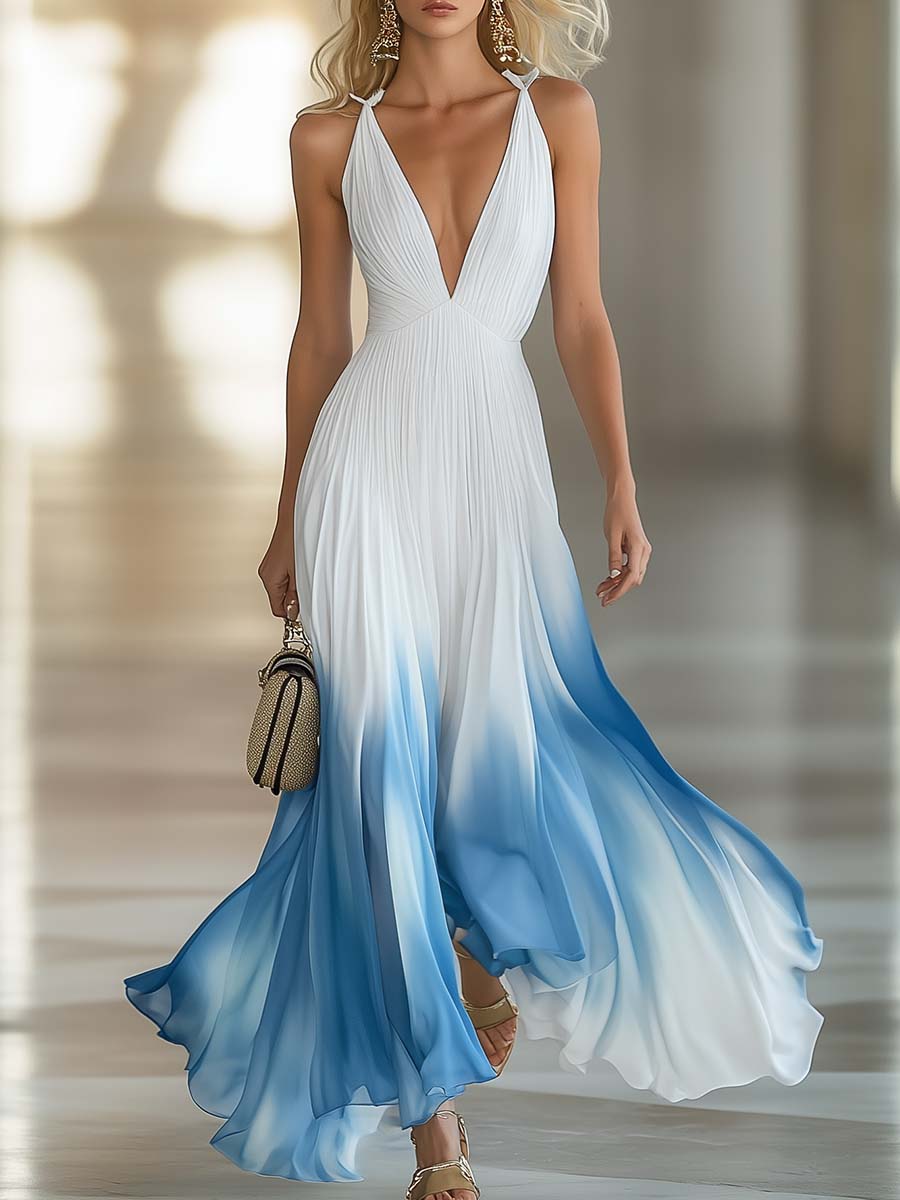 Azure | Blue Gradient Chiffon Maxi Dress 0