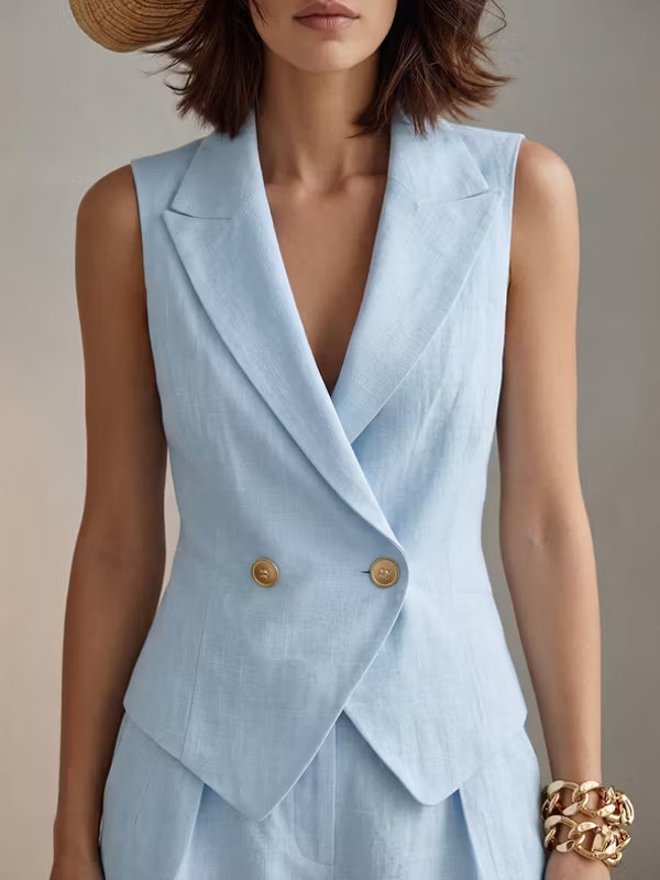 Azure | Linen Double-Breasted Vest Shorts Set 3