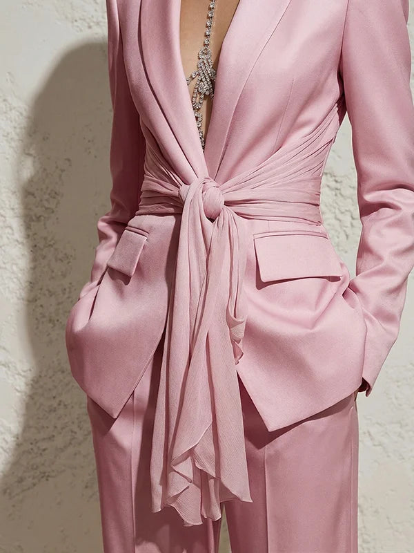 Blush | Satin Tie-Waist Blazer Wide-Leg Trouser Set 1