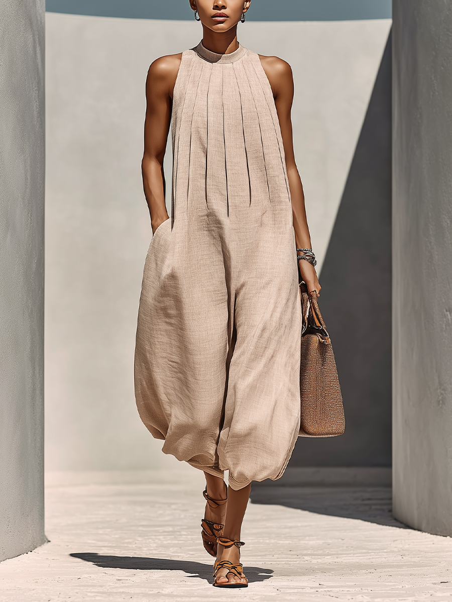 Breezy | Gathered Round Neck Linen Jumpsuit 0