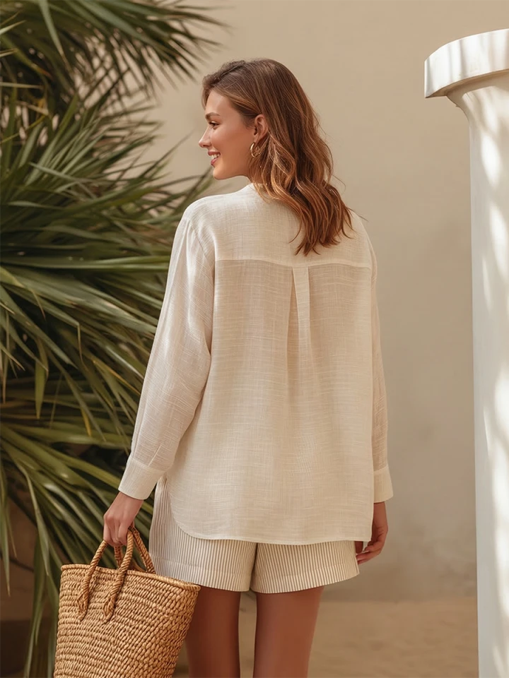 Brielle | Sheer Linen Shirt Striped Shorts Set 3