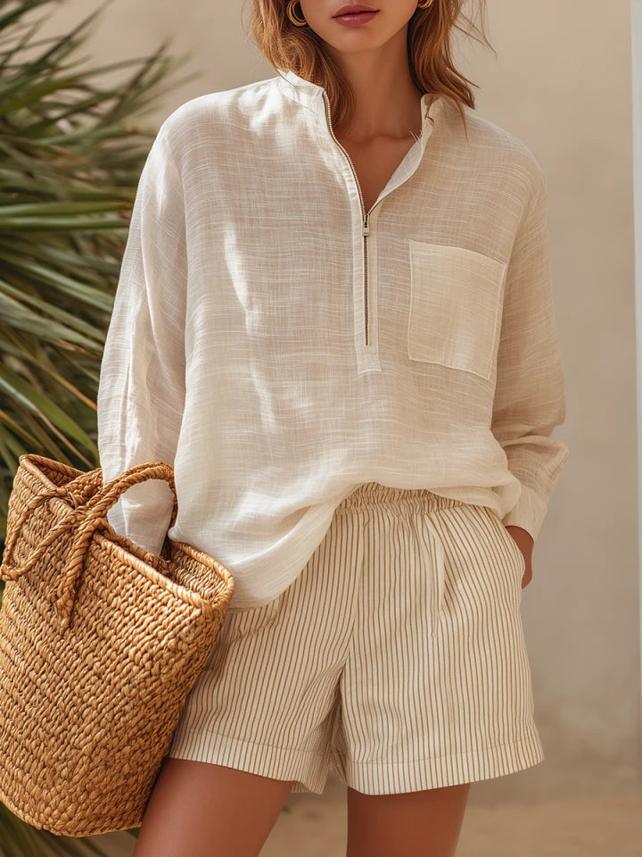 Brielle | Sheer Linen Shirt Striped Shorts Set 4
