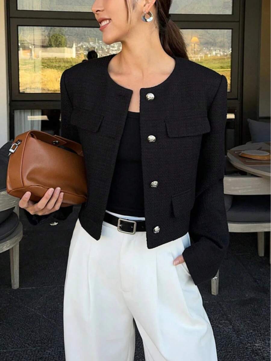 Brynlee | Round Neck Textured Button Front Jacket, Cropped Elegant Coat 1