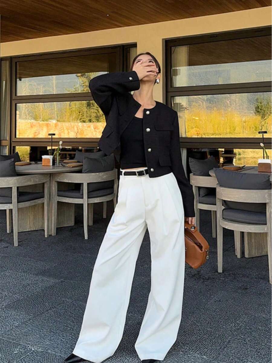 Brynlee | Round Neck Textured Button Front Jacket, Cropped Elegant Coat 2