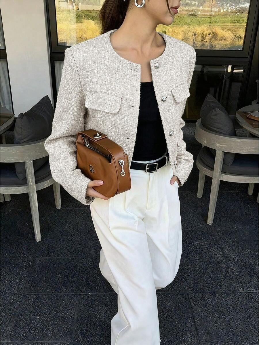 Brynlee | Round Neck Textured Button Front Jacket, Cropped Elegant Coat 7