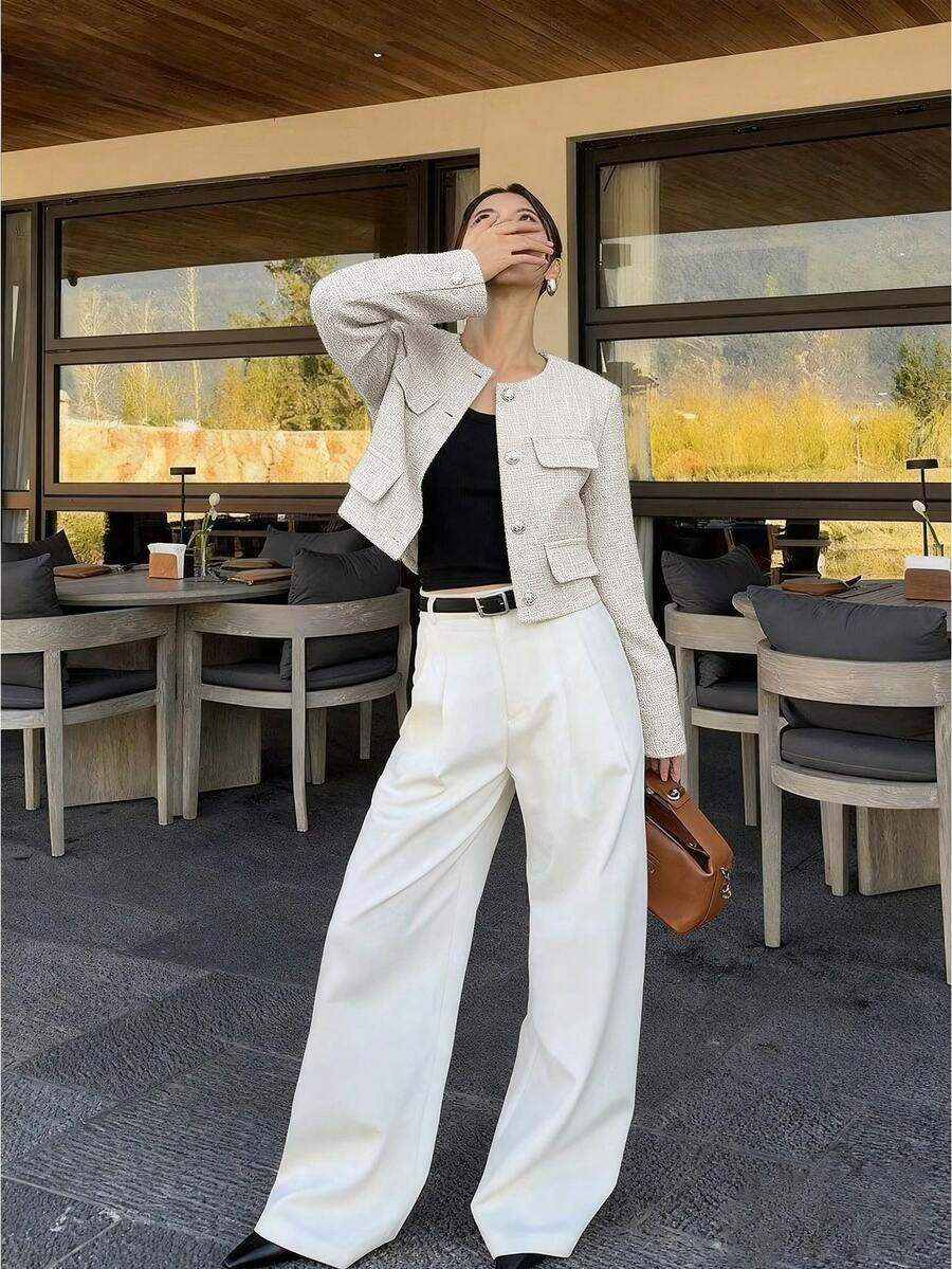 Brynlee | Round Neck Textured Button Front Jacket, Cropped Elegant Coat 8