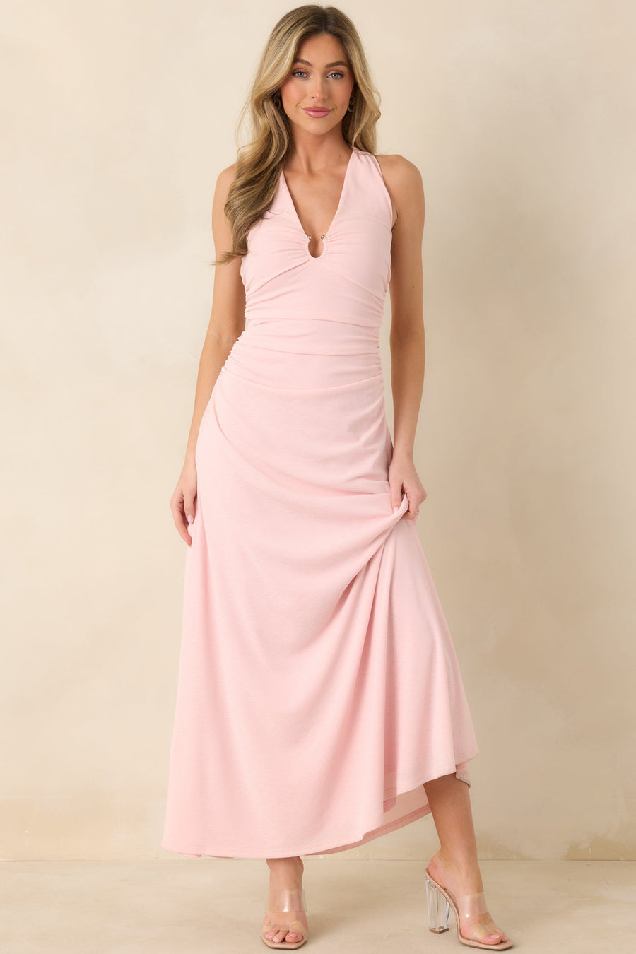 Camille | Halter Ruched Keyhole Midi Dress 0