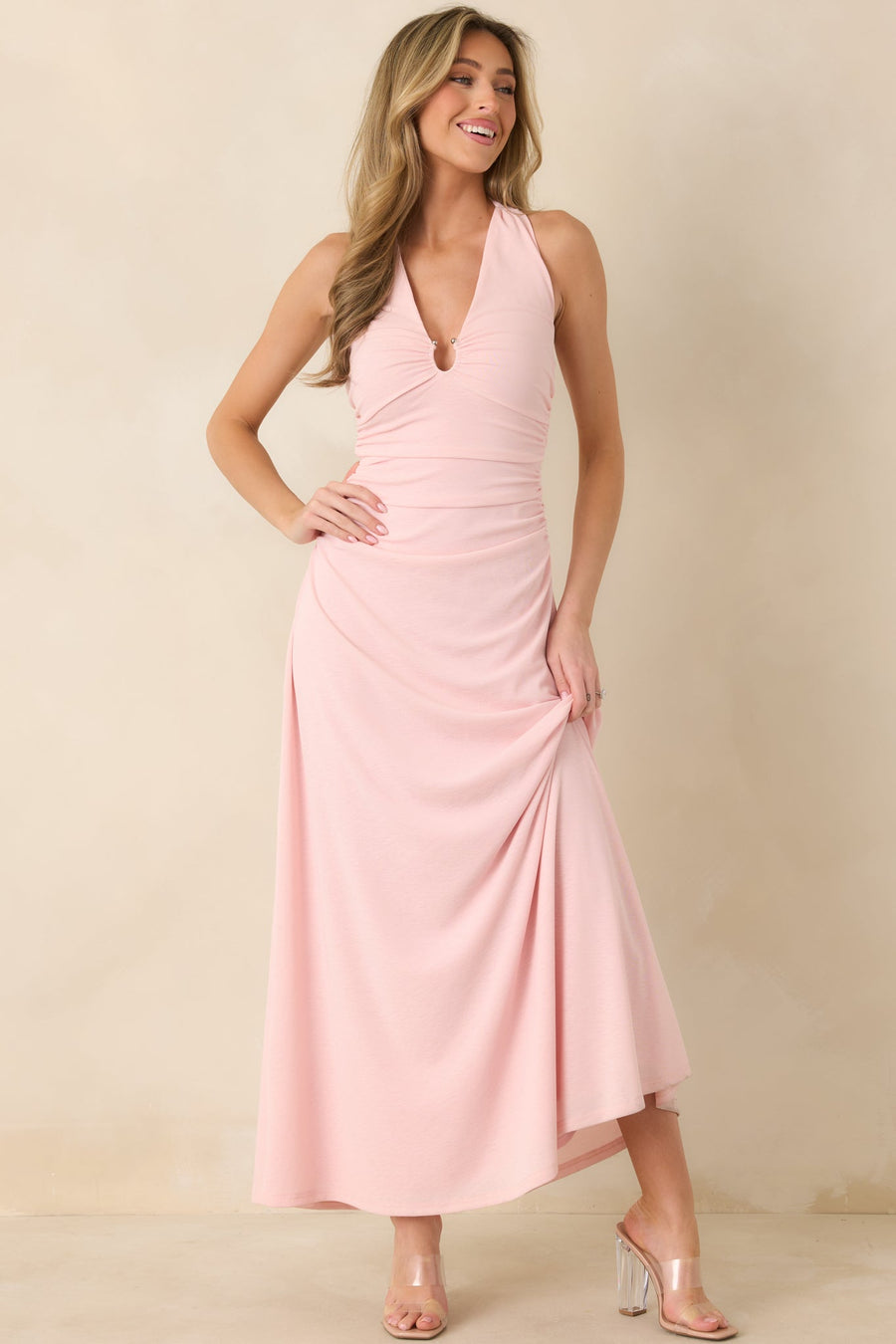 Camille | Halter Ruched Keyhole Midi Dress 2