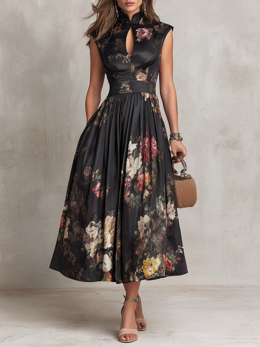 Cosette | Floral Satin Pleated Midi Dress 0