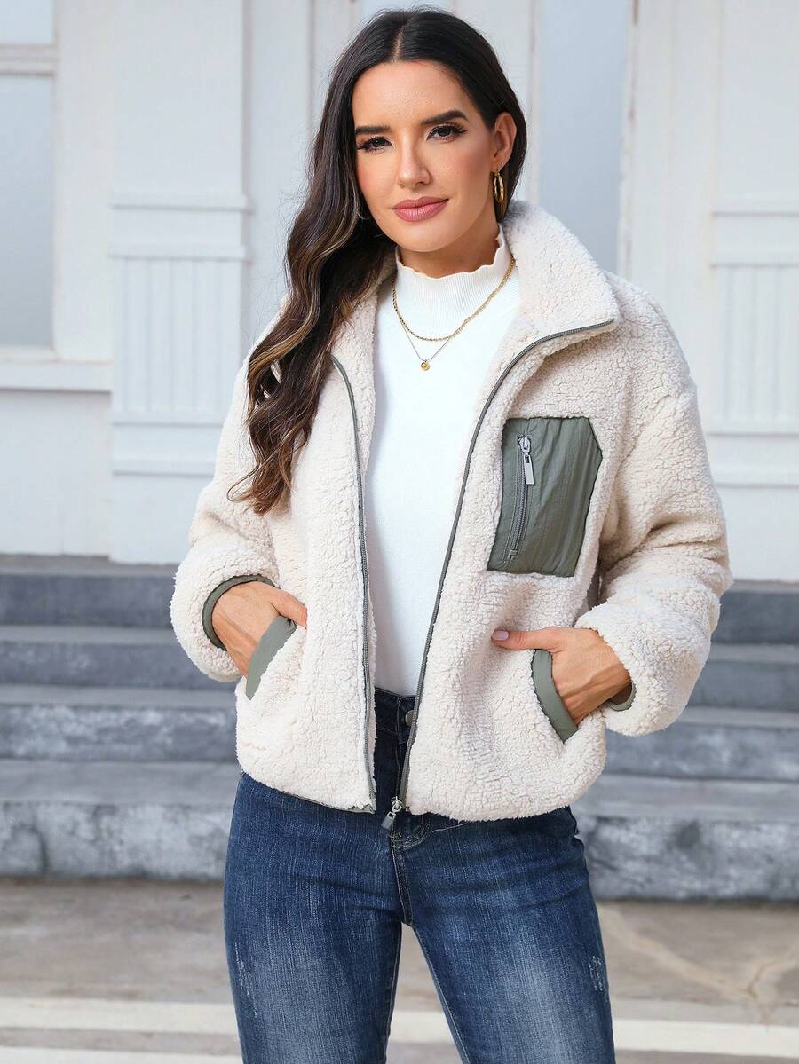 Doris | Teddy Zip Up Jacket Contrast Panel Stand Collar 4