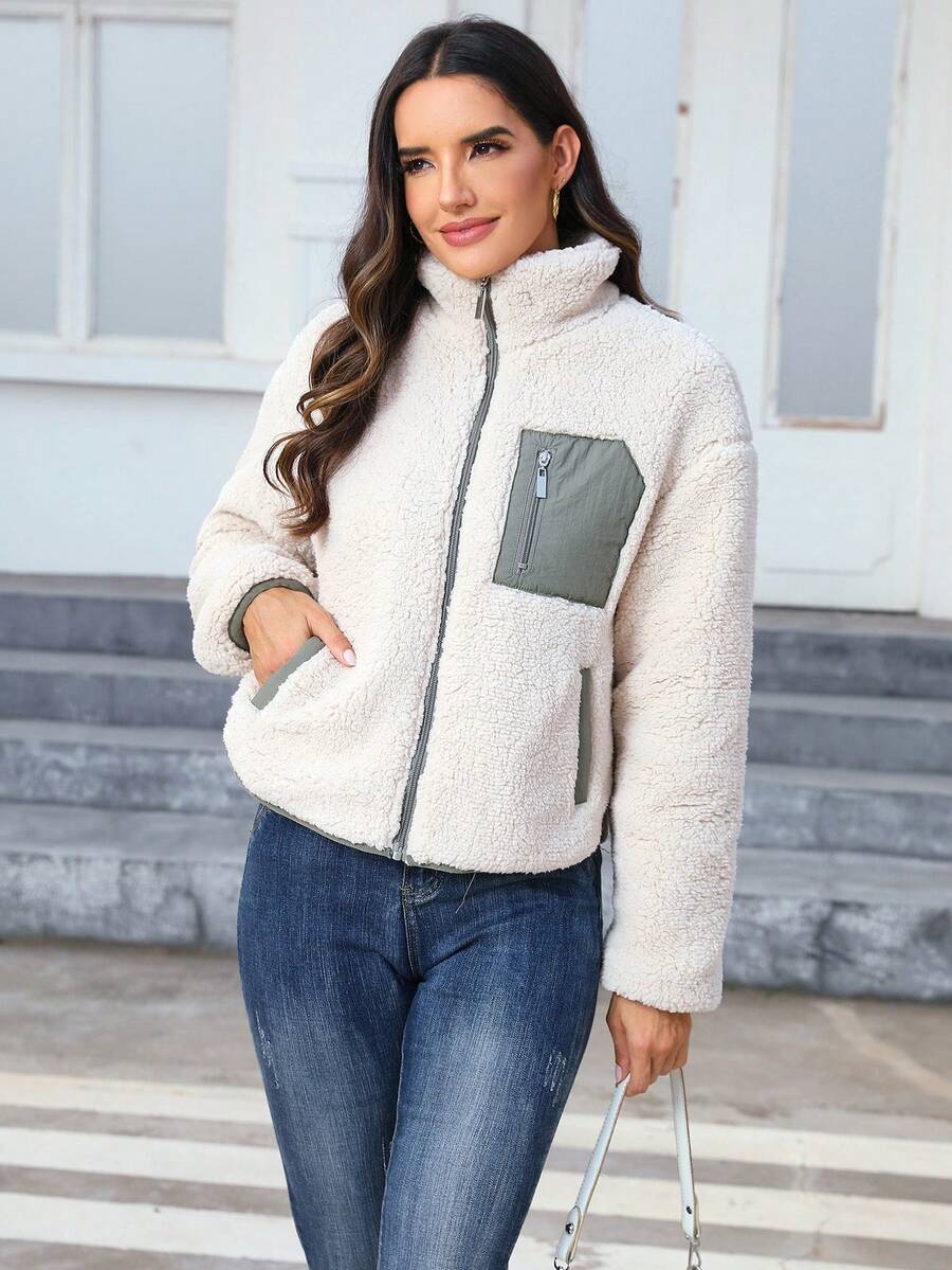 Doris | Teddy Zip Up Jacket Contrast Panel Stand Collar 5