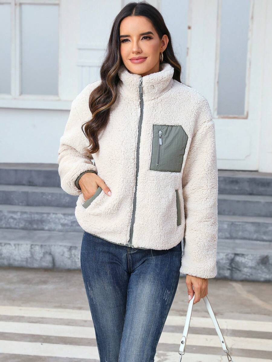 Doris | Teddy Zip Up Jacket Contrast Panel Stand Collar 6