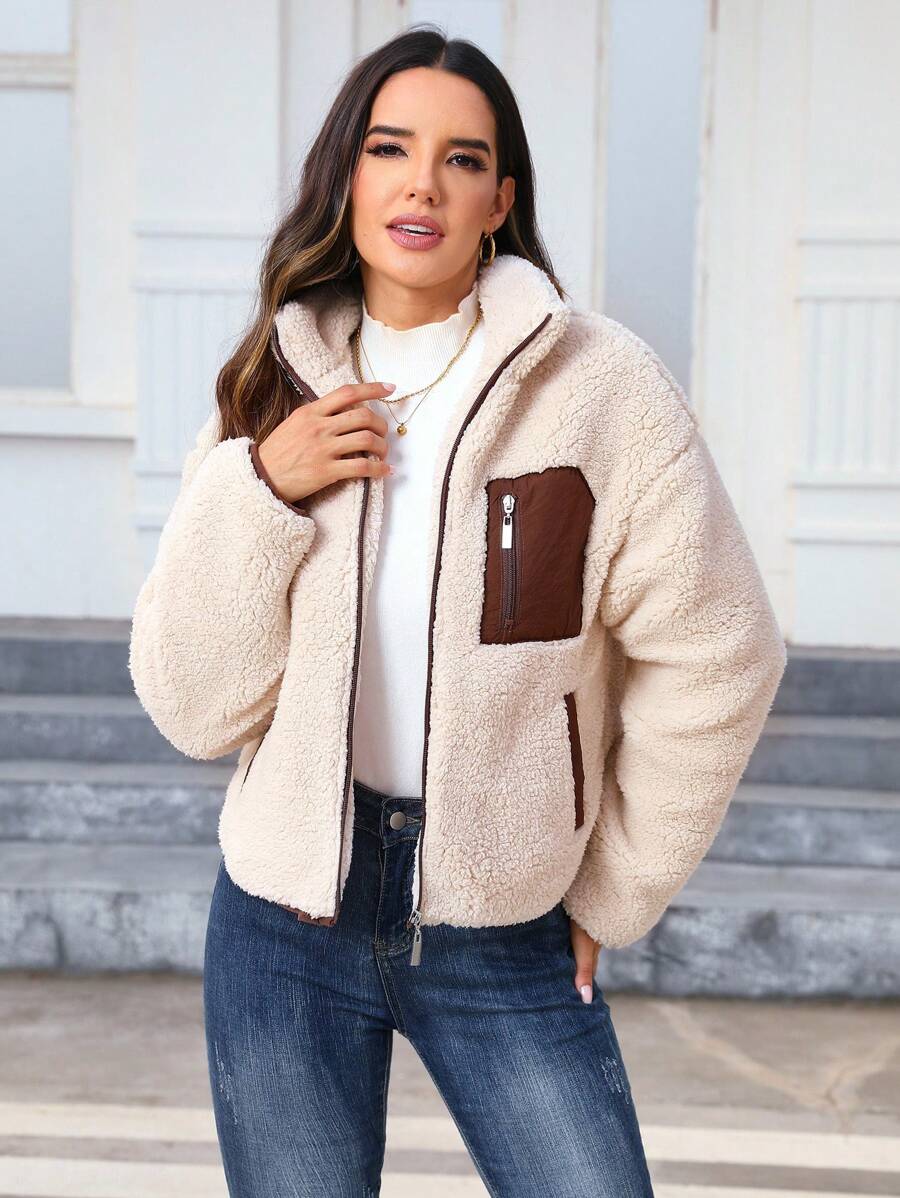 Doris | Teddy Zip Up Jacket Contrast Panel Stand Collar 9