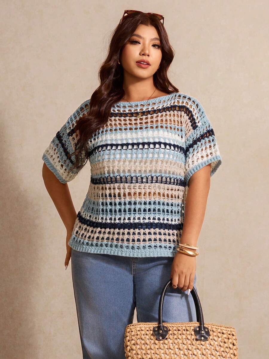 Emmalyn | Striped Open Knit Short Sleeve Top Relaxed Crochet 2