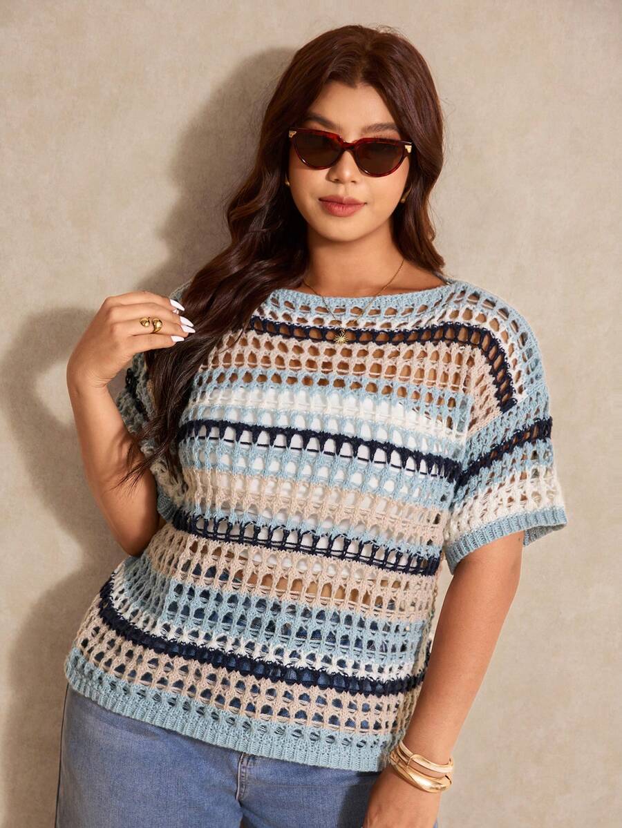Emmalyn | Striped Open Knit Short Sleeve Top Relaxed Crochet 3