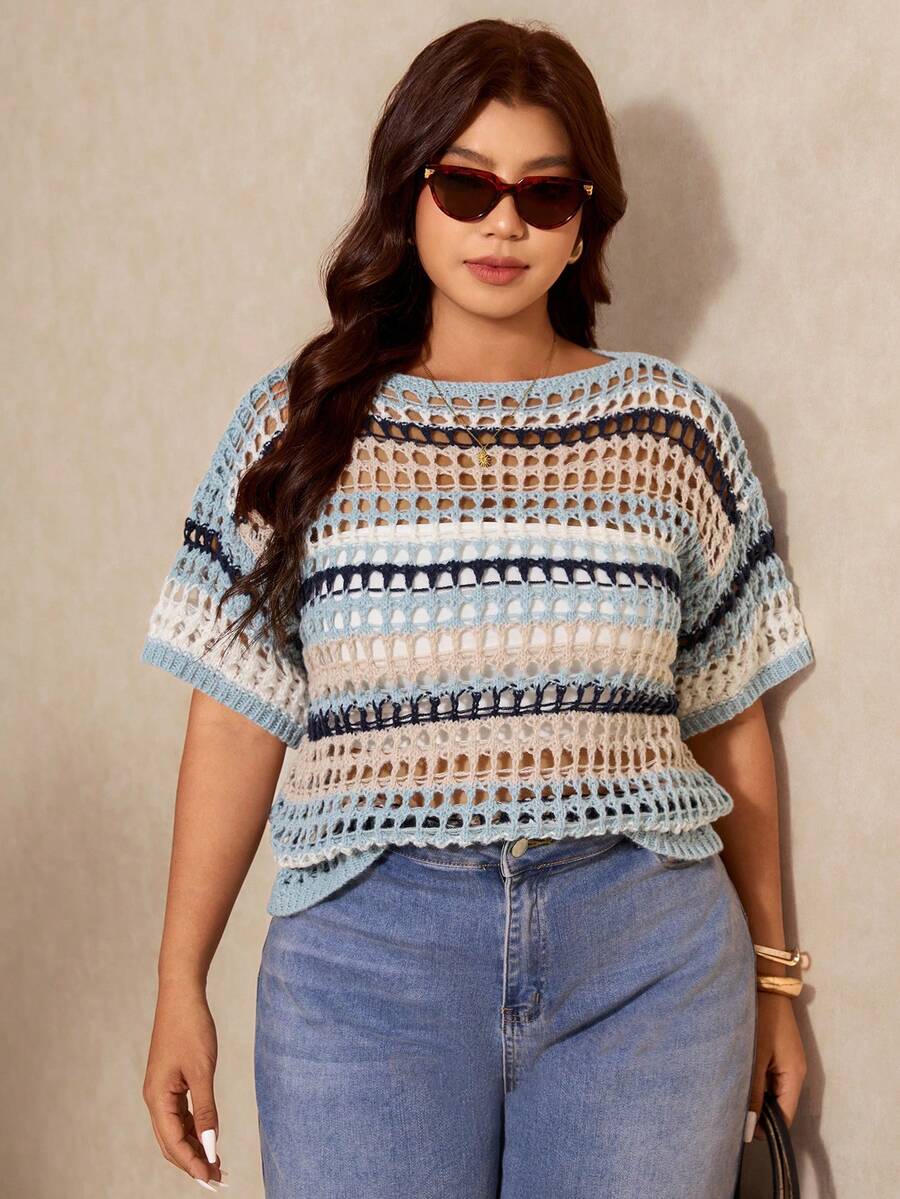Emmalyn | Striped Open Knit Short Sleeve Top Relaxed Crochet 4