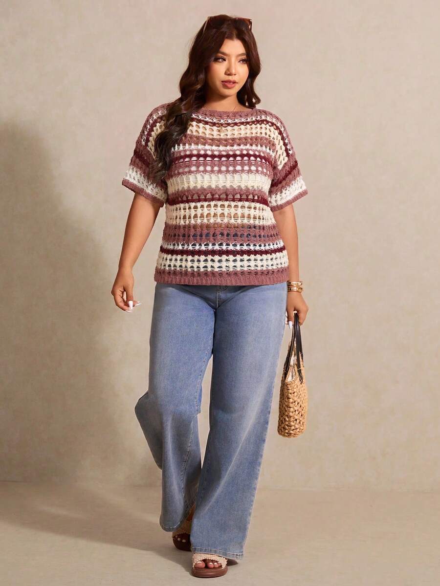 Emmalyn | Striped Open Knit Short Sleeve Top Relaxed Crochet 6