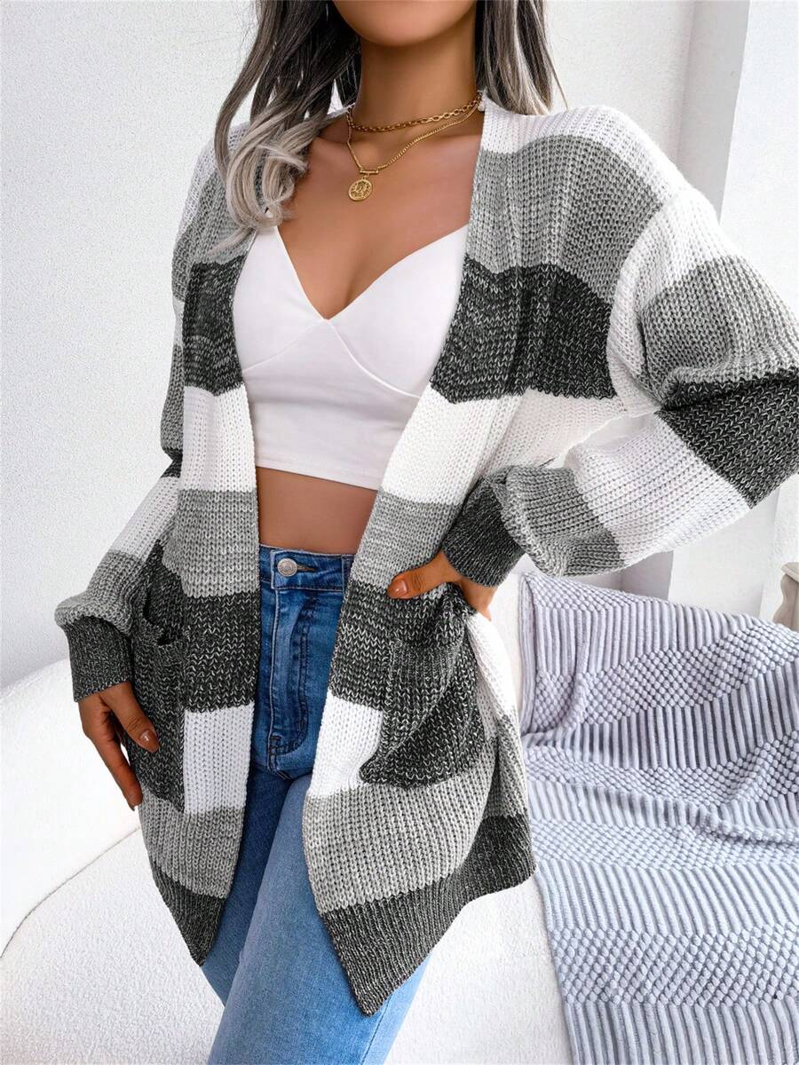 Emmy | Color Block Striped Open-Front Cardigan Cozy Fall Knit 0