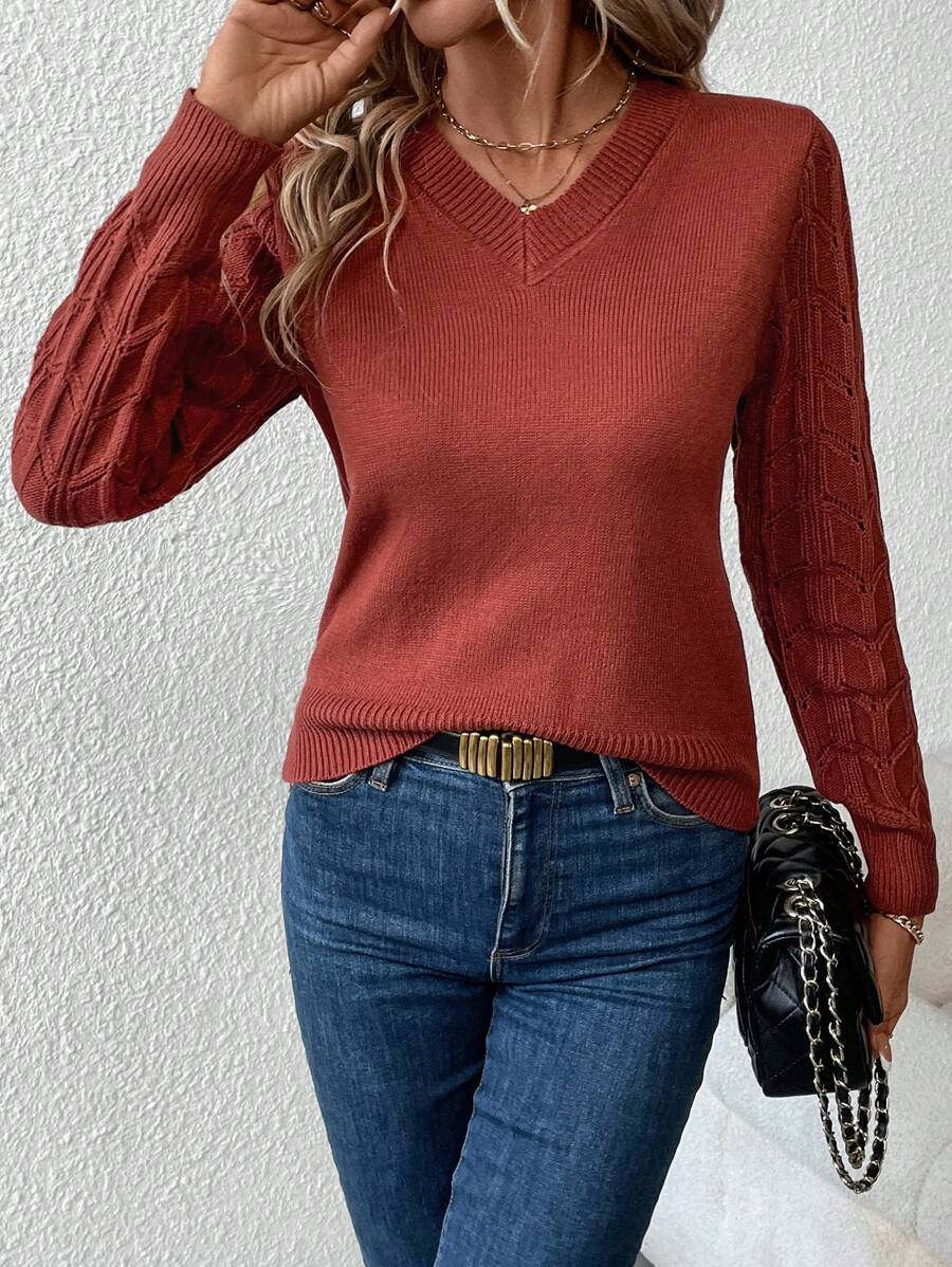 Felice | Cable Knit Sleeve V-Neck Pullover Classic Fall Sweater 2