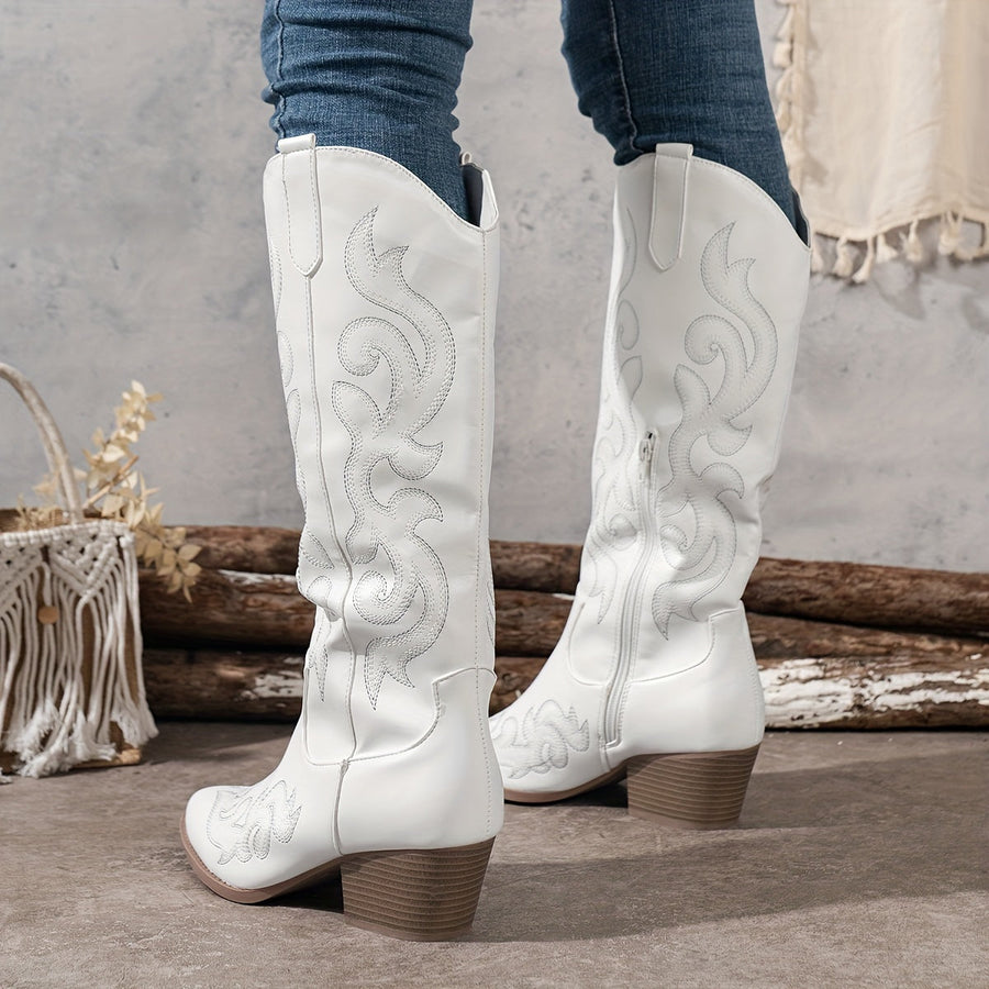 Side Zip Embroidered Knee High Western Boots