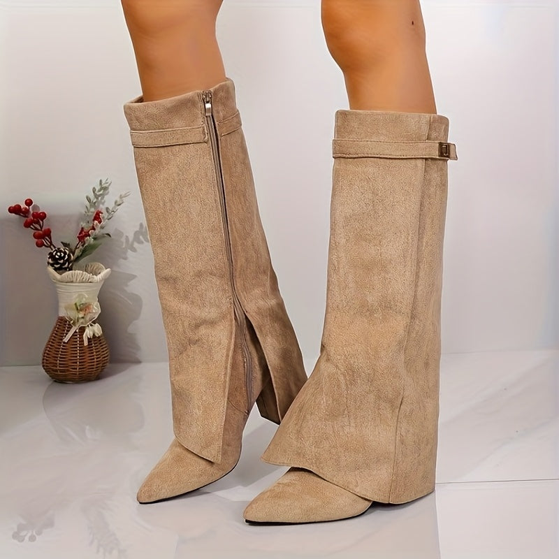 Apricot Fold Cuff Knee High Boots with Side Split