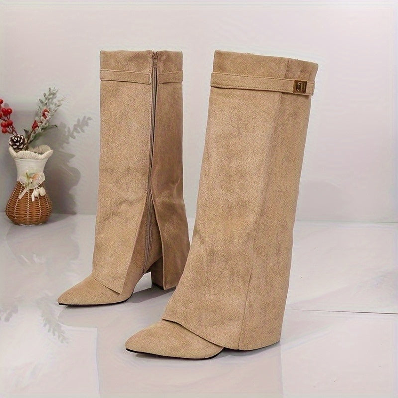 Apricot Fold Cuff Knee High Boots with Side Split