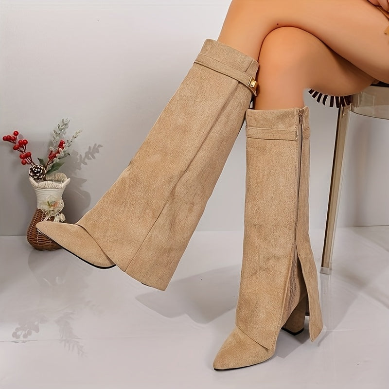 Apricot Fold Cuff Knee High Boots with Side Split