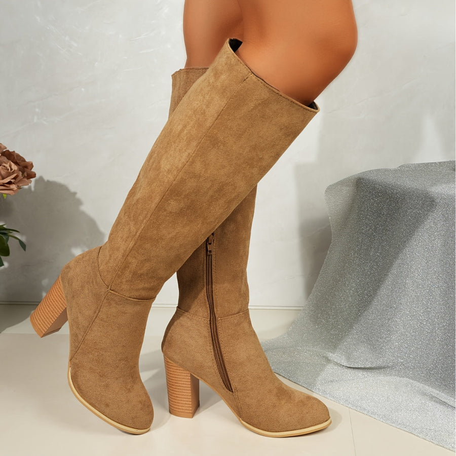 Round Toe Knee High Boots with Contrast Stacked Heel