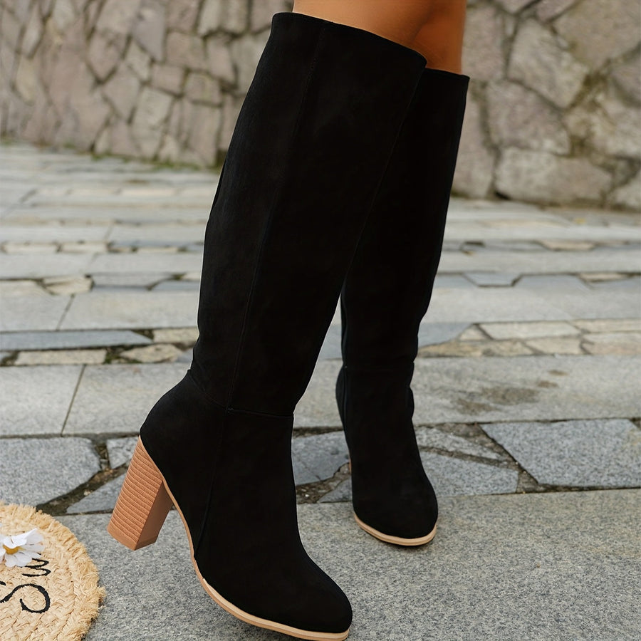 Round Toe Knee High Boots with Contrast Stacked Heel