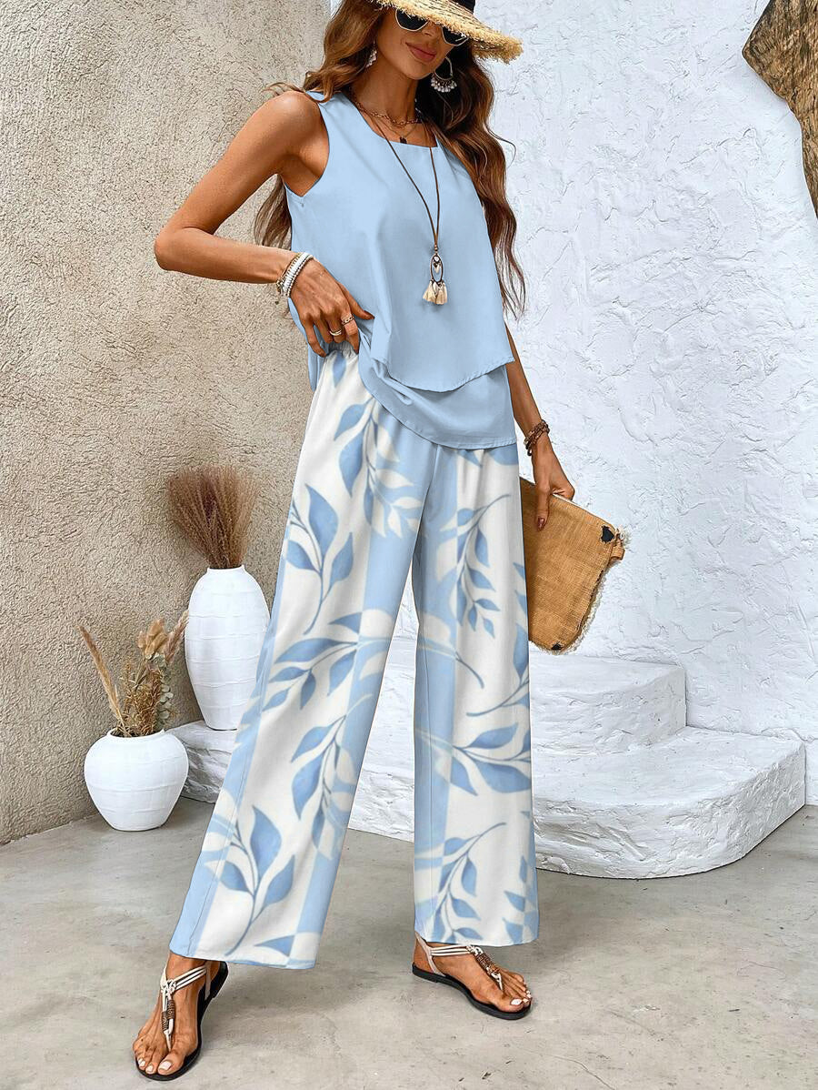 Lily | Chic Leaf Print Two Piece Pants Set 6
