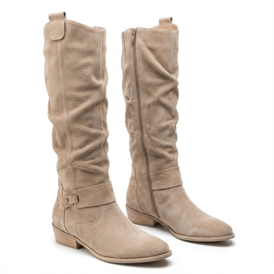 Slouch Knee High Boots with Ankle Strap and Low Heel