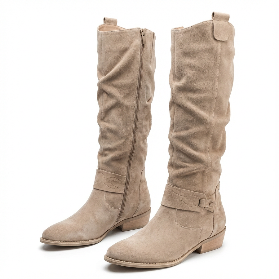 Slouch Knee High Boots with Ankle Strap and Low Heel