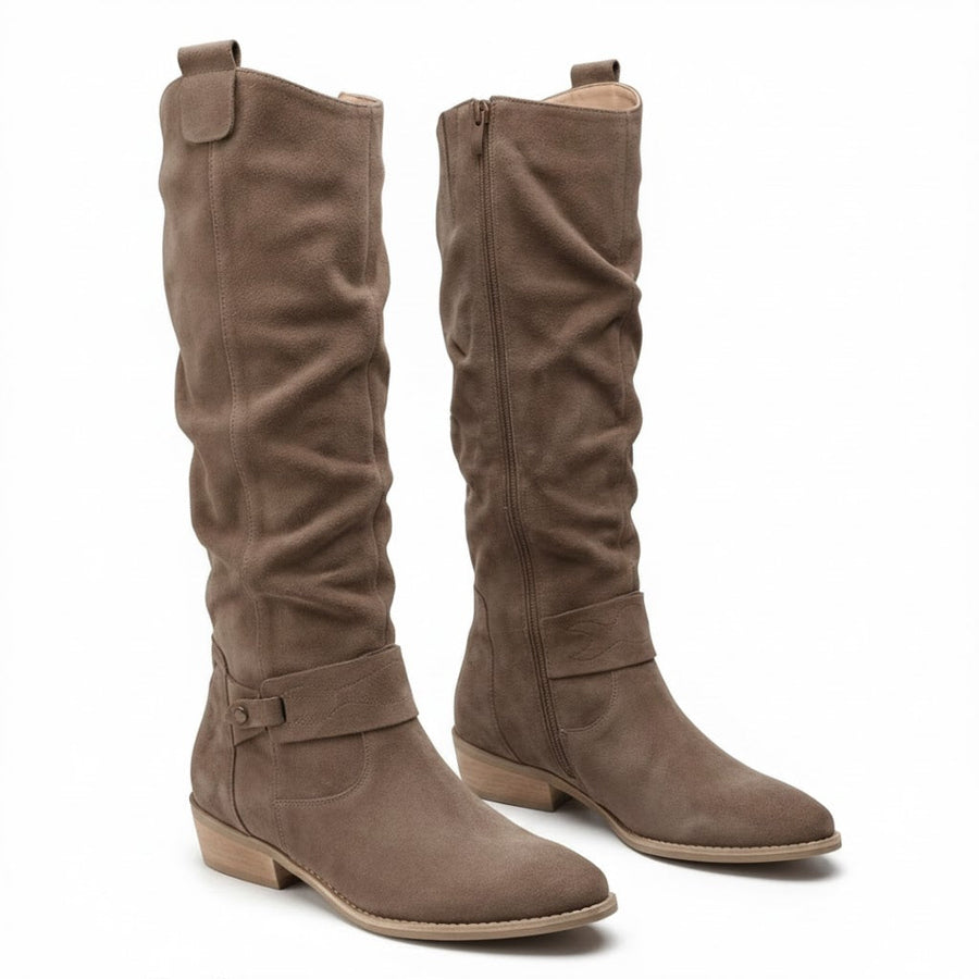 Slouch Knee High Boots with Ankle Strap and Low Heel