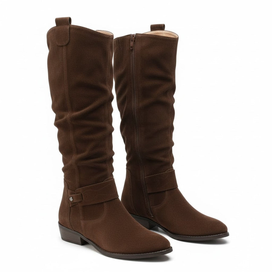 Slouch Knee High Boots with Ankle Strap and Low Heel