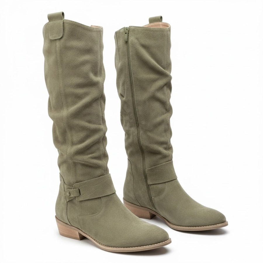 Slouch Knee High Boots with Ankle Strap and Low Heel