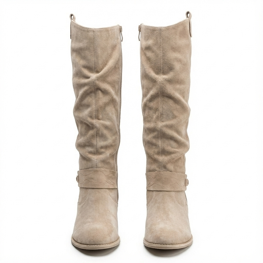 Slouch Knee High Boots with Ankle Strap and Low Heel