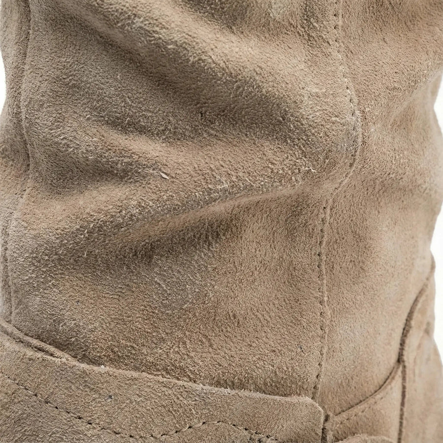Slouch Knee High Boots with Ankle Strap and Low Heel