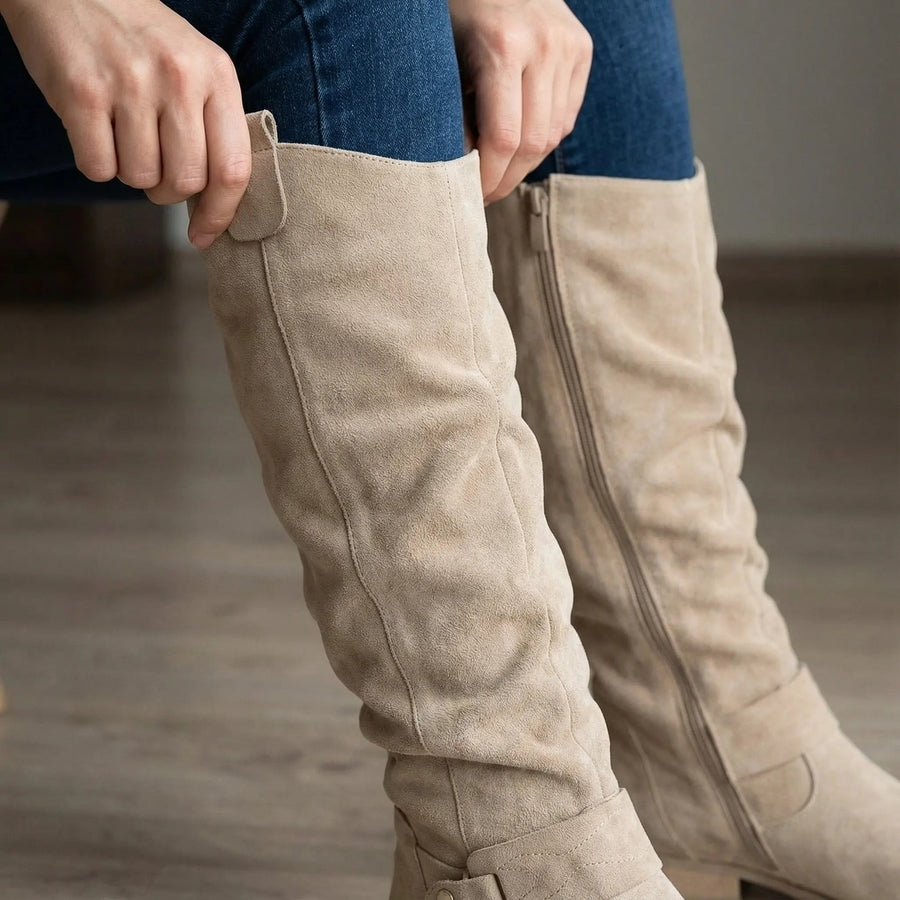 Slouch Knee High Boots with Ankle Strap and Low Heel