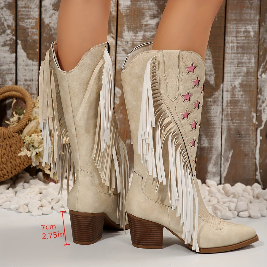 Pink Star Fringed Western Knee High Boots