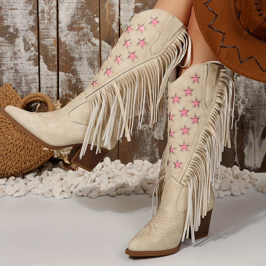Pink Star Fringed Western Knee High Boots