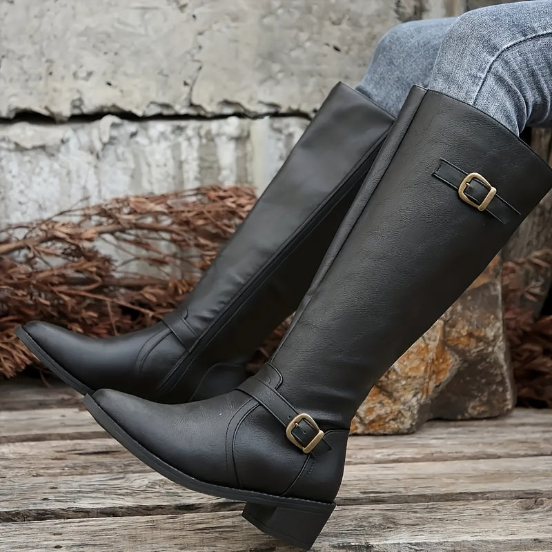 Brass Buckle Knee High Riding Boots, Inside Zip