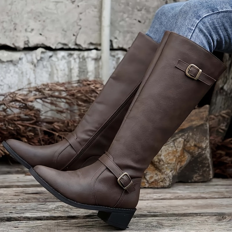 Brass Buckle Knee High Riding Boots, Inside Zip