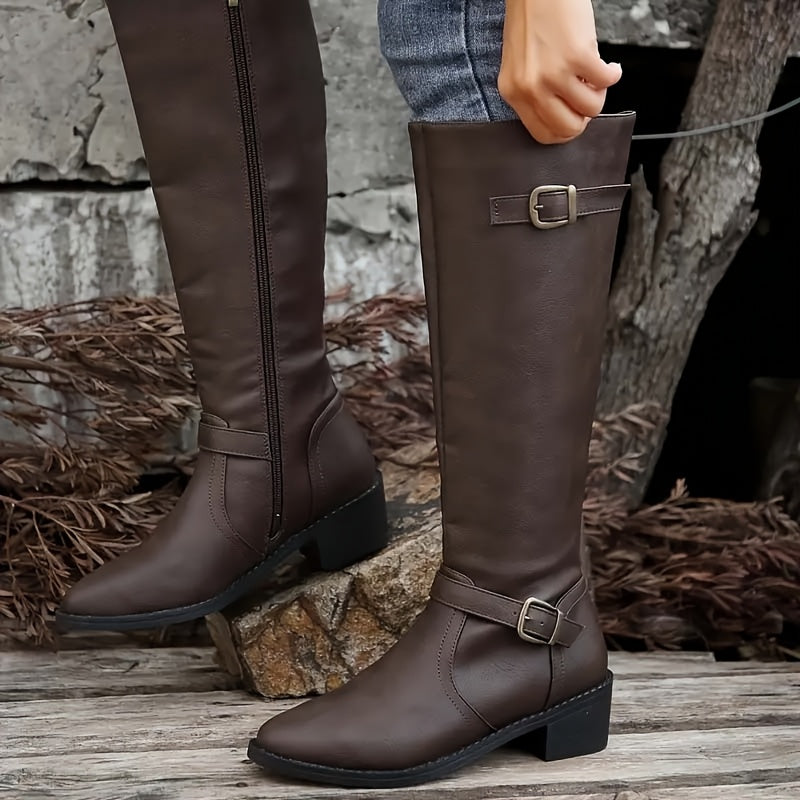 Brass Buckle Knee High Riding Boots, Inside Zip