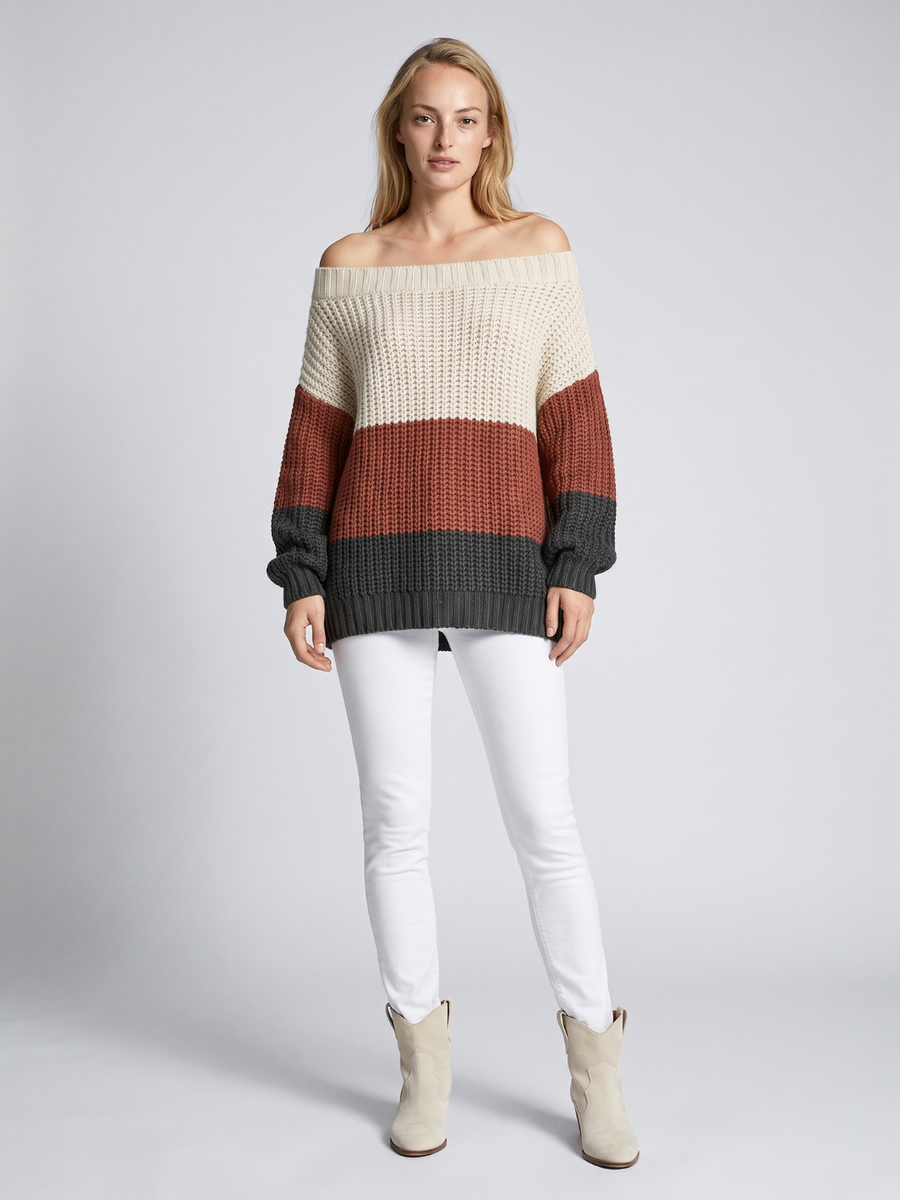 Mia | Cozy Off-Shoulder Striped Knit Sweater 0