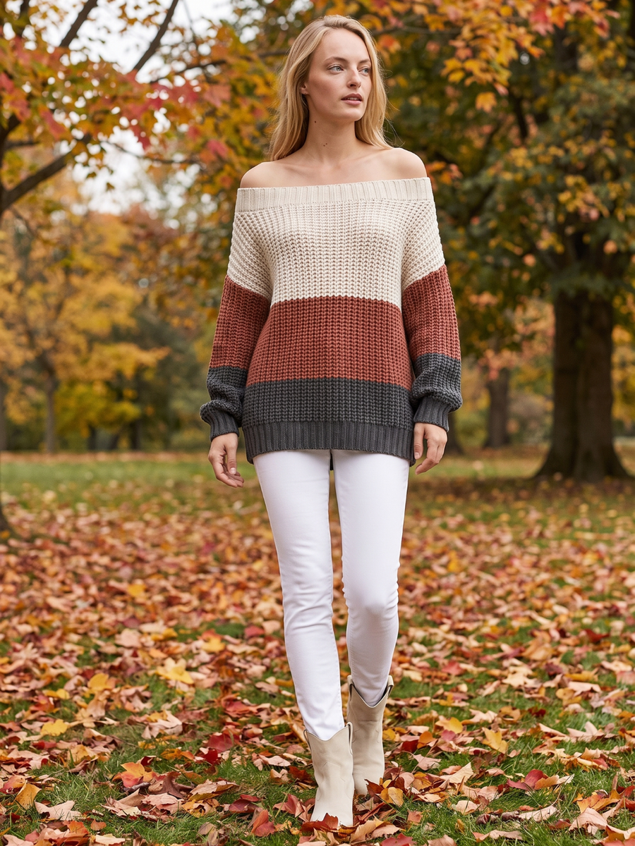 Mia | Cozy Off-Shoulder Striped Knit Sweater 5