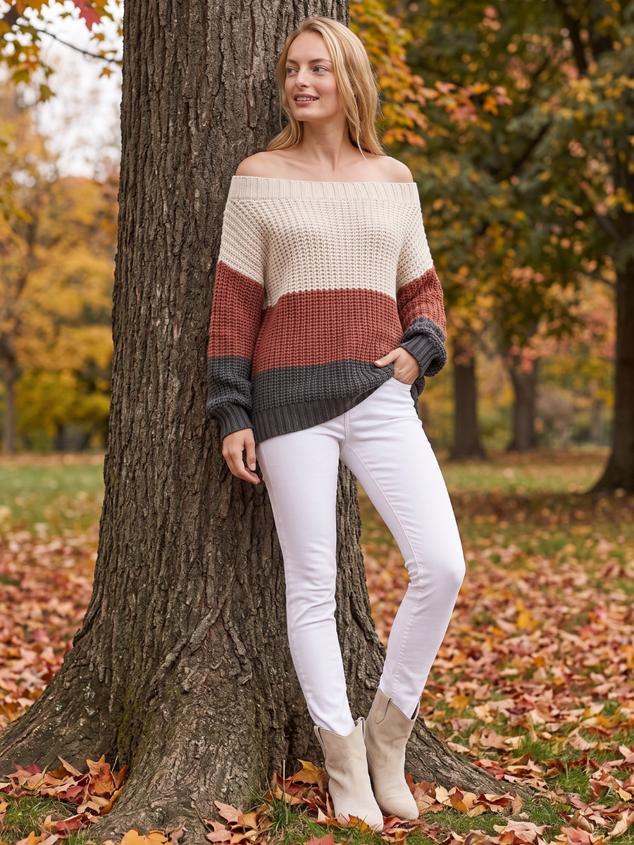 Mia | Cozy Off-Shoulder Striped Knit Sweater 6