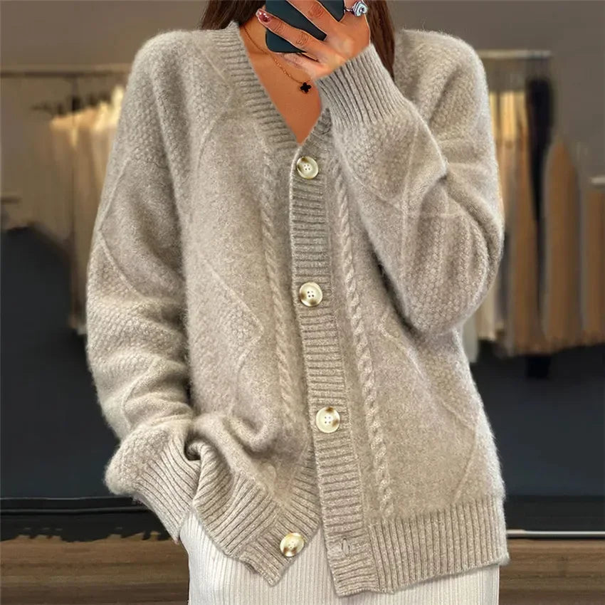 Mia | Elegant Button Front Cardigan with Diamond Knit Design 7