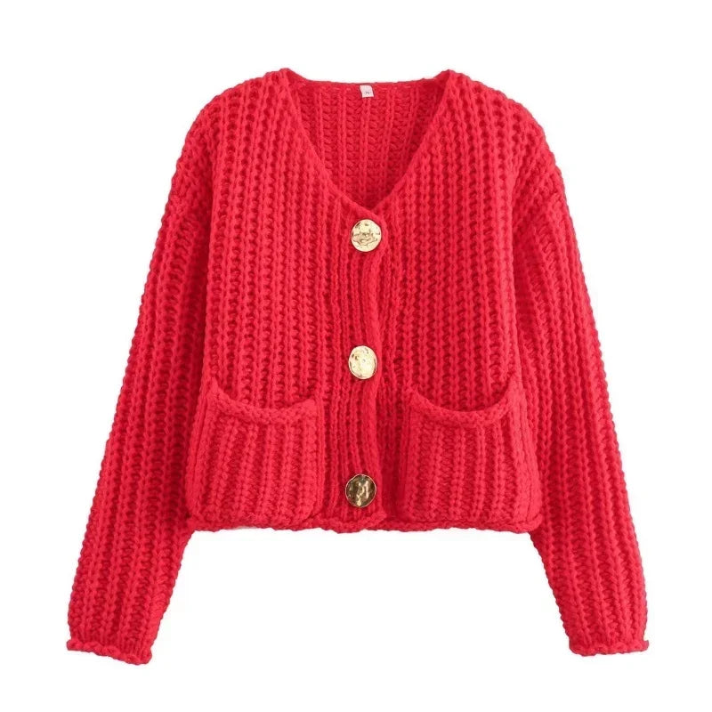 Chunky knit pocket cardigan in Red