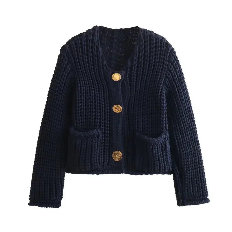 Chunky knit pocket cardigan in Navy Blue